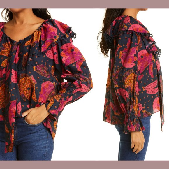 NWT Farm Rio [ Small ] Patchwork Bananas Ruffle Long Sleeve Blouse in Blue‎ - Picture 3 of 13